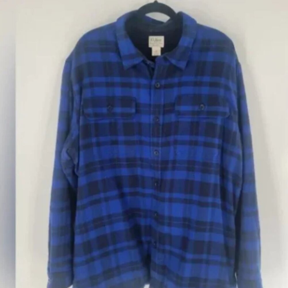 LL Bean Mens Blue Black Plaid Flannel Shirt Jacket Button Up Size XXL